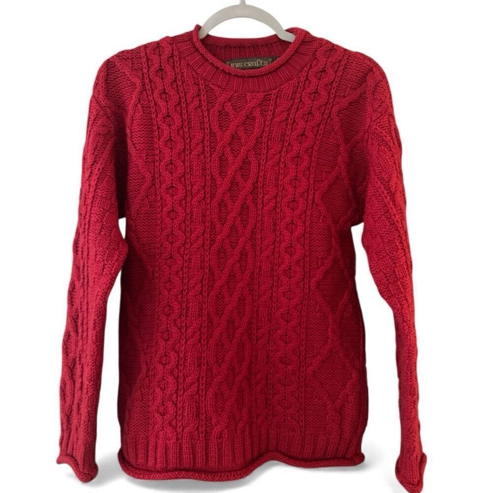 Inis Crafts Women's Cable Knit 100% Merino Wool Pullover Sweater Red Small